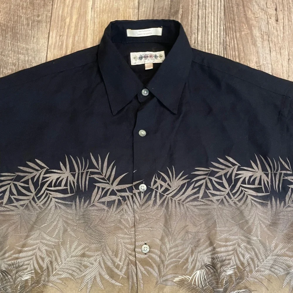Campia Moda Mens Small Black Brown Tropical Palm‎ Tree Rayon Hawaiian Shirt S